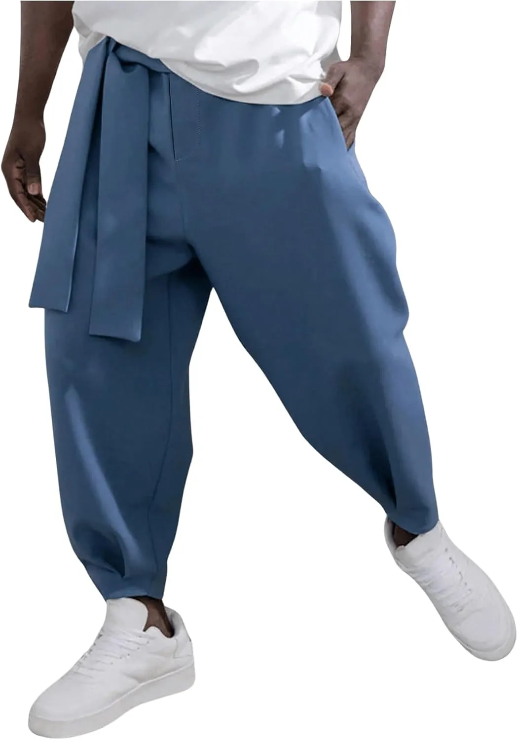 Verdusa Men's Elastic Waist Belted Harem Pants Trousers with Pockets