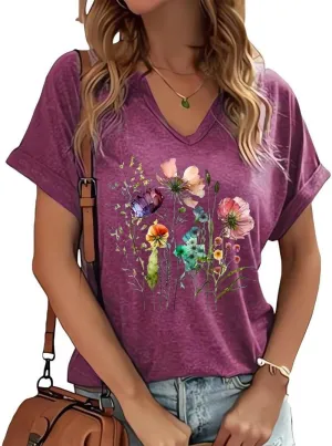 Vintage Flowers V Neck Shirt for Women Boho Floral Wildflowers Graphic Tee Casual Cottagecore Summer T Shirt