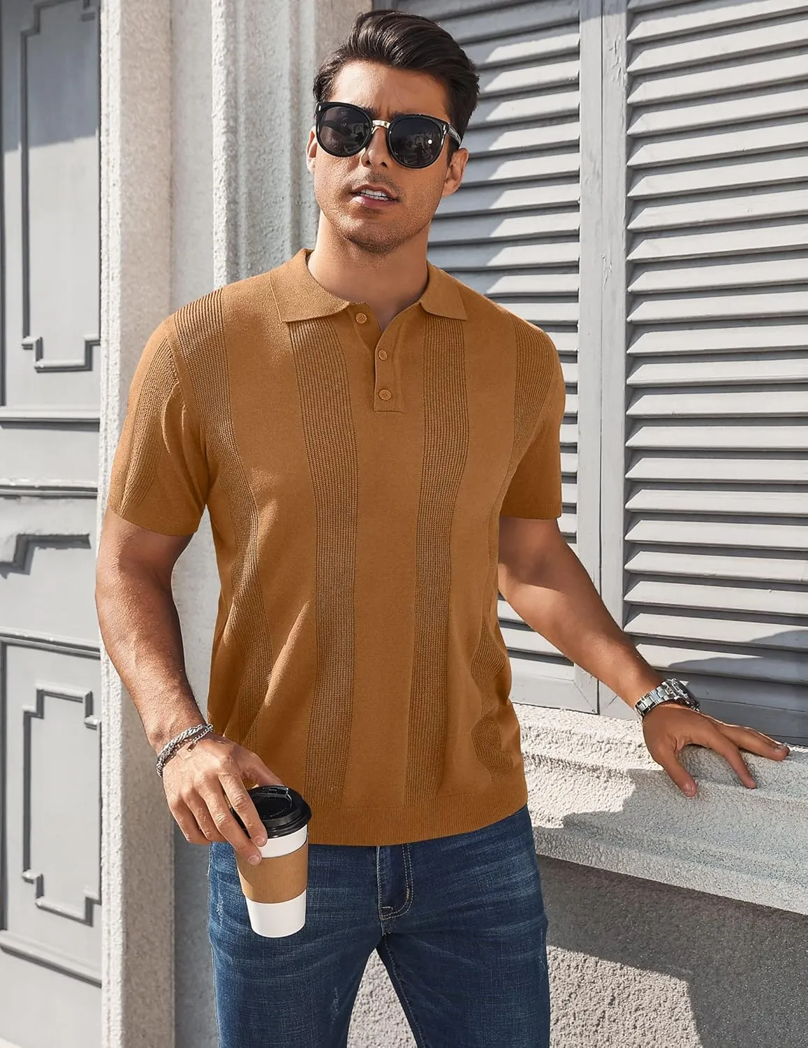 Vssjavun Mens Knit Polo Shirts Short Sleeve Textured Knitted Shirt Casual Golf Polo T Shirt
