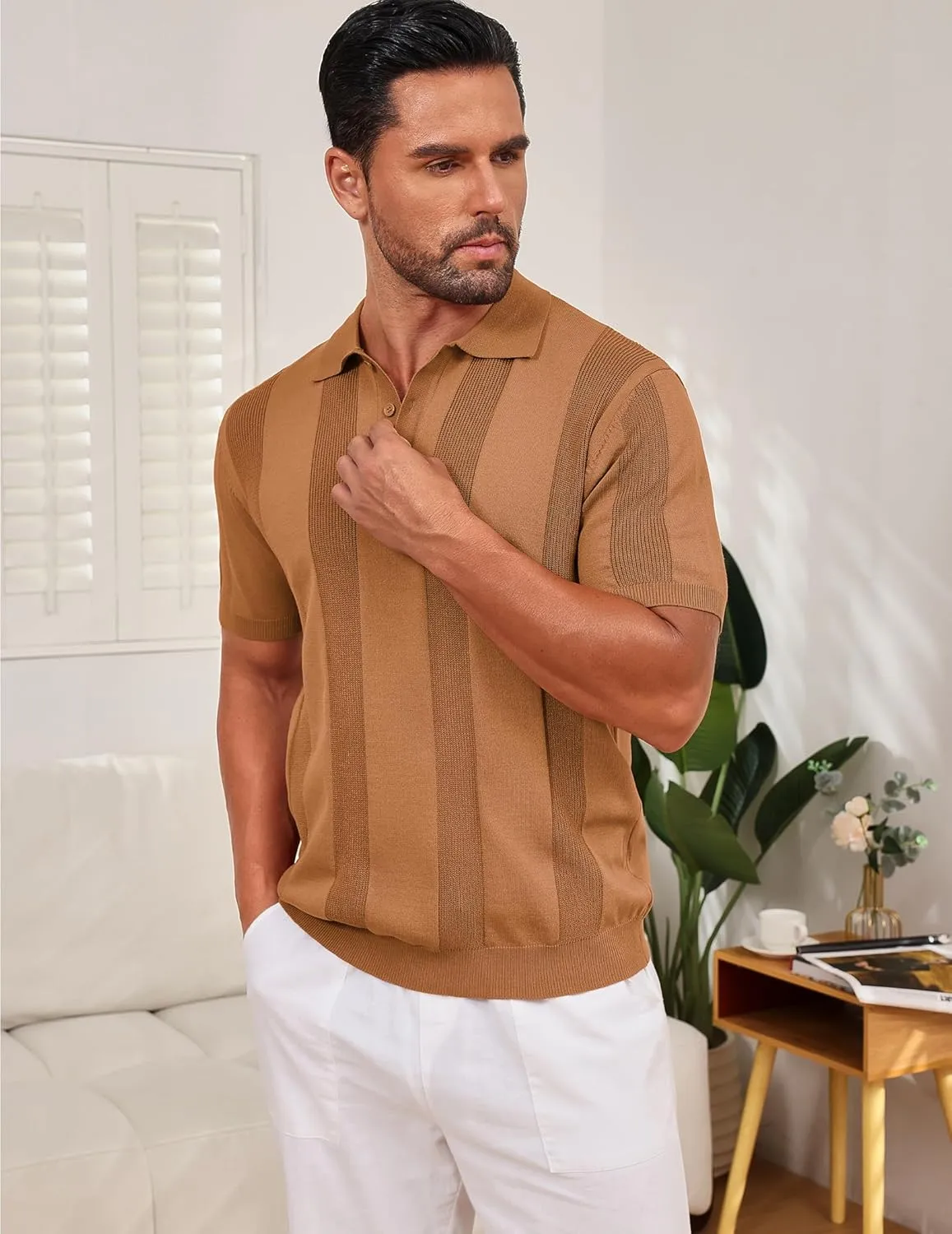 Vssjavun Mens Knit Polo Shirts Short Sleeve Textured Knitted Shirt Casual Golf Polo T Shirt