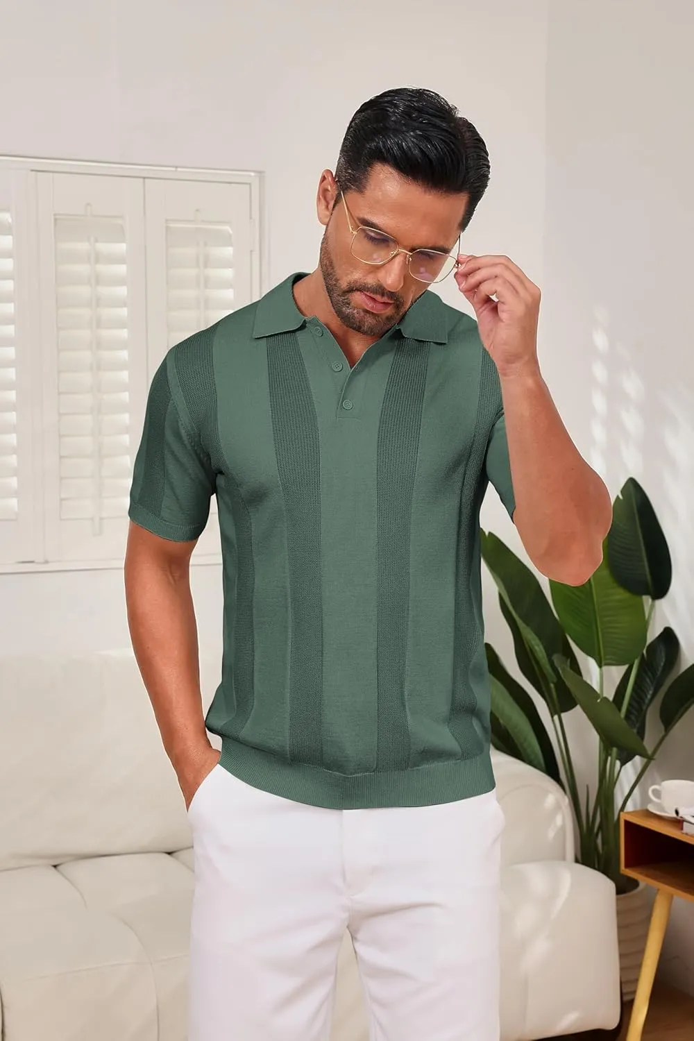 Vssjavun Mens Knit Polo Shirts Short Sleeve Textured Knitted Shirt Casual Golf Polo T Shirt