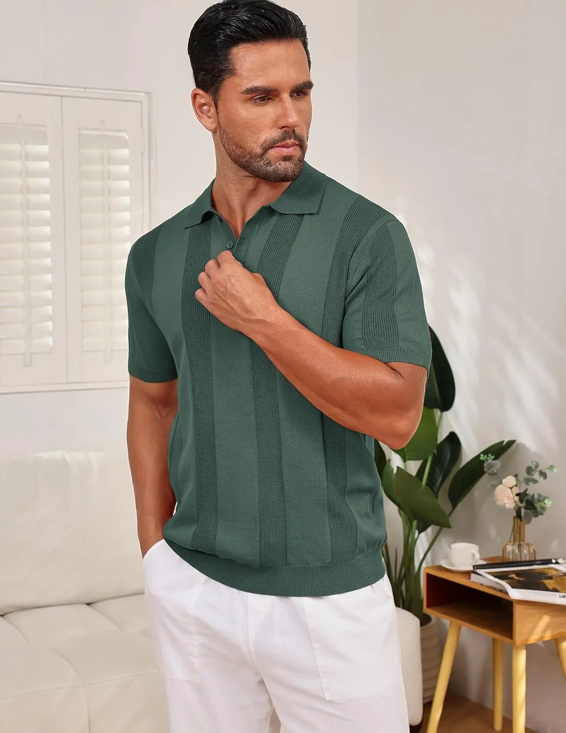 Vssjavun Mens Knit Polo Shirts Short Sleeve Textured Knitted Shirt Casual Golf Polo T Shirt