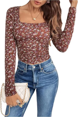 WDIRARA Women's Floral Print Square Neck Crop T Shirt Ruched Tee Shirt Long Sleeve Top