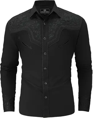 Western Embroidered Cowboy Shirts for Men, Casual Button Down Long Sleeve Shirt Floral Design Retro Shirt