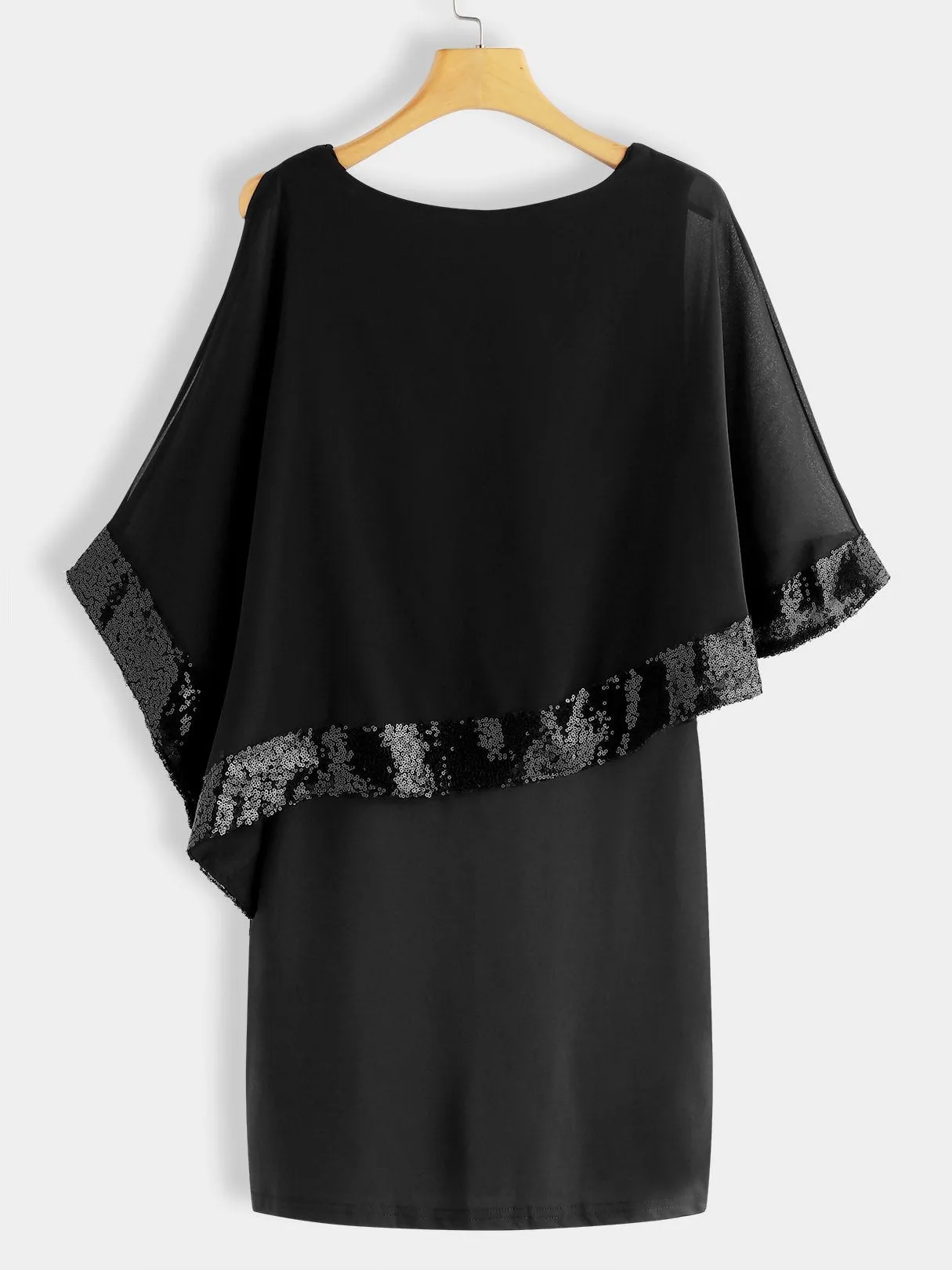 Wholesale Black Crew Neck Half Sleeve Plain Sequins Embellished See Through Casual Dress