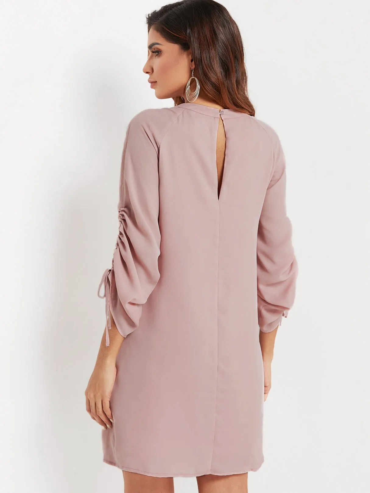 Wholesale Pink Round Neck Long Sleeve Plain Cut Out Casual Dress