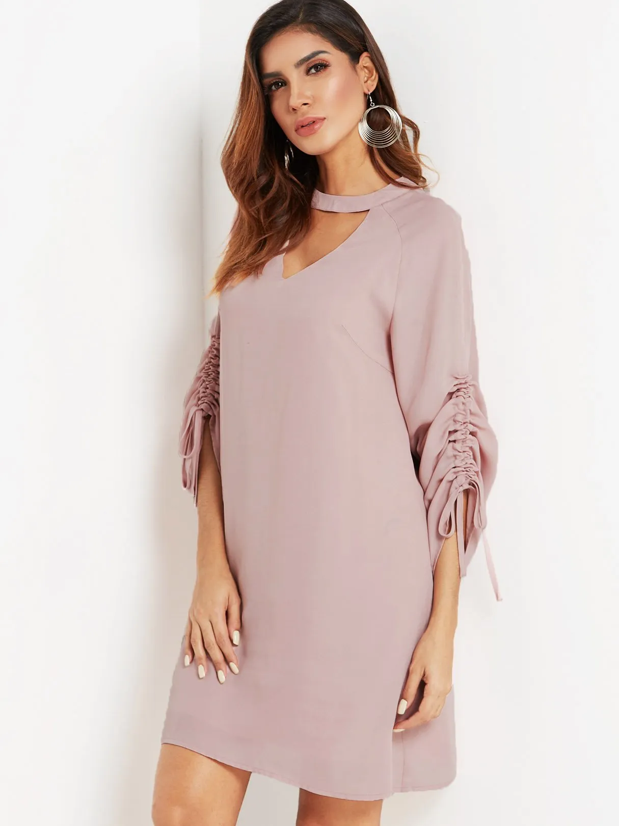 Wholesale Pink Round Neck Long Sleeve Plain Cut Out Casual Dress