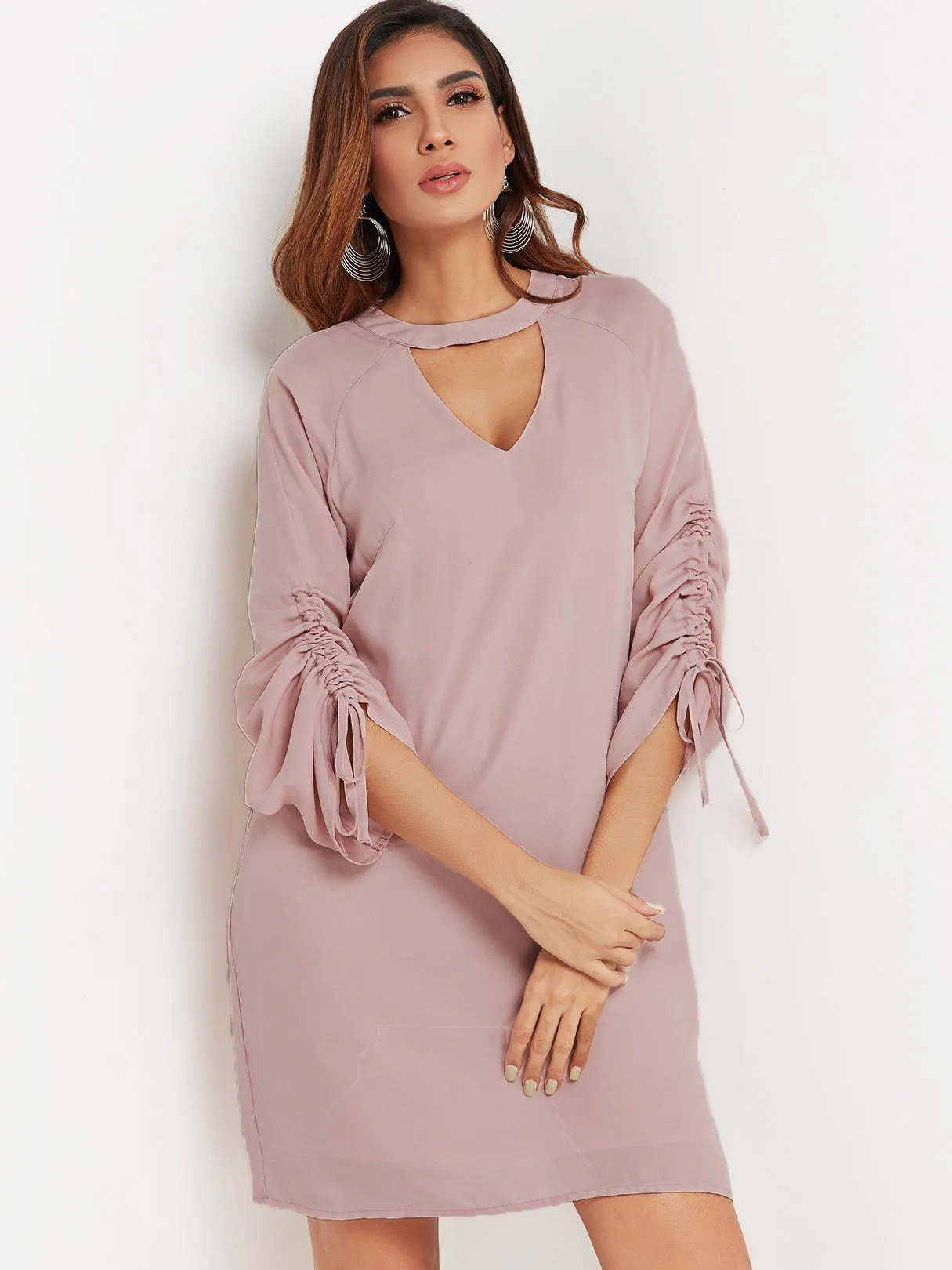 Wholesale Pink Round Neck Long Sleeve Plain Cut Out Casual Dress