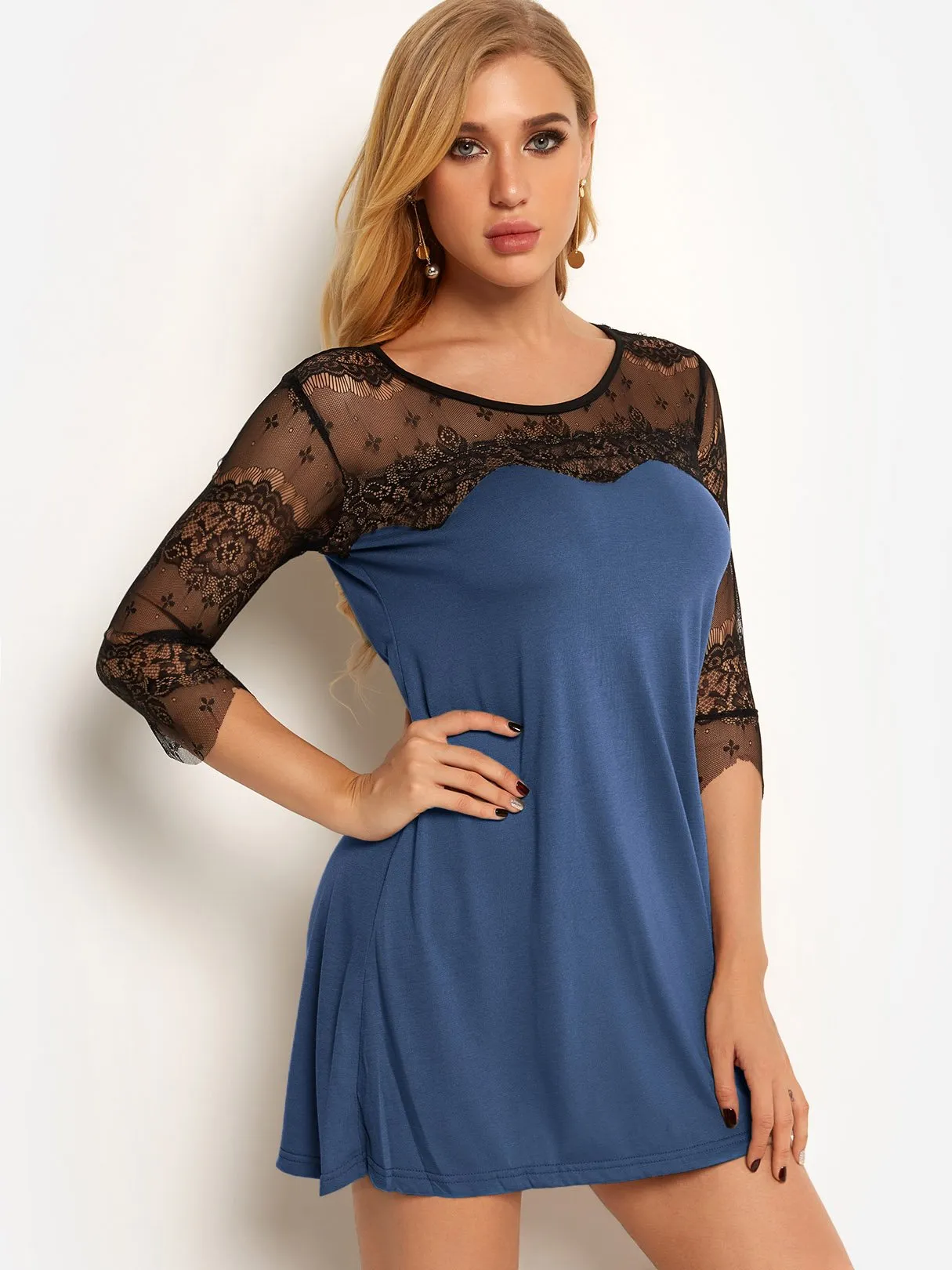 Wholesale Round Neck 3/4 Length Sleeve Plain Lace See Through Casual Dress