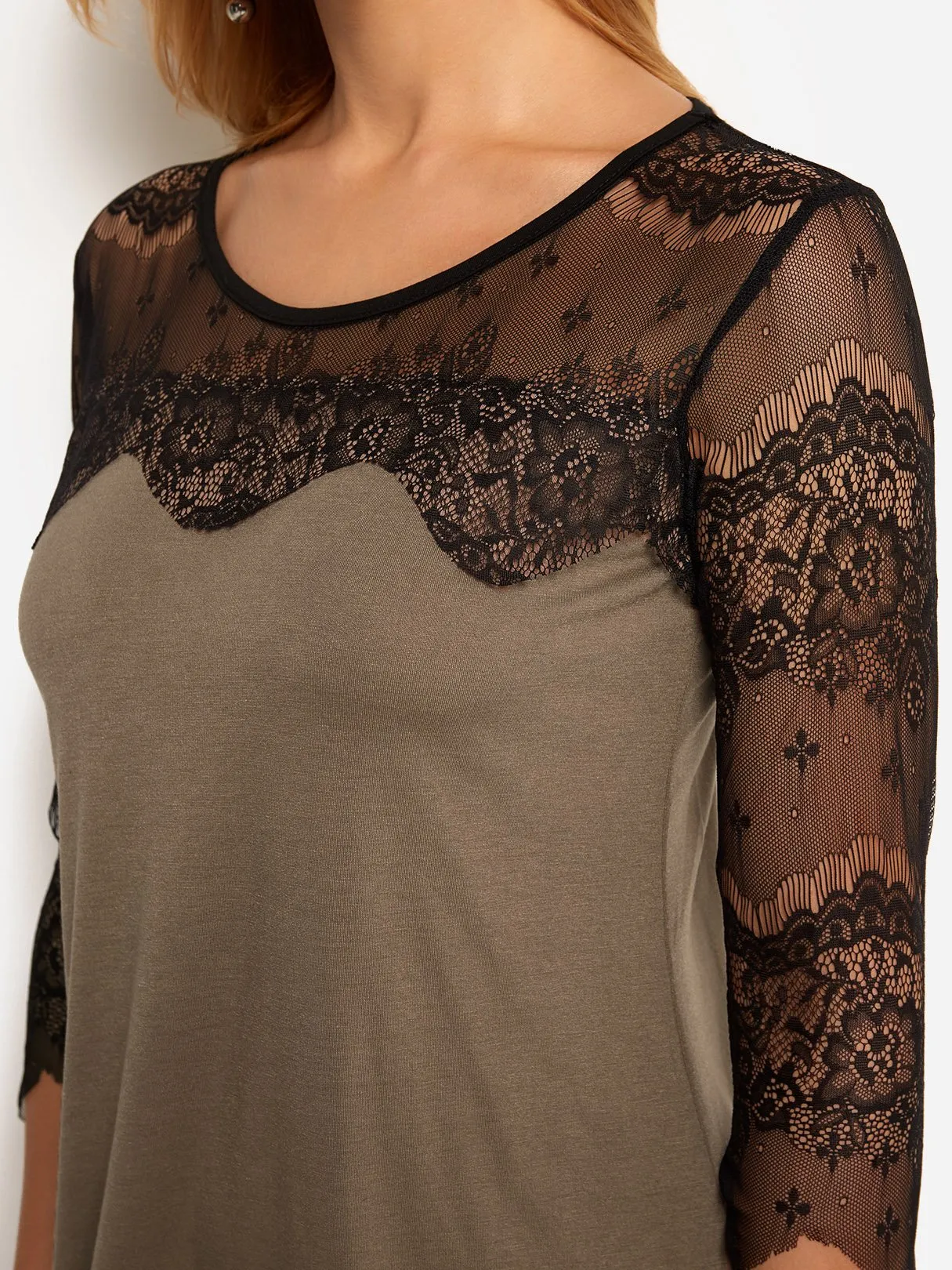 Wholesale Round Neck 3/4 Length Sleeve Plain Lace See Through Casual Dress