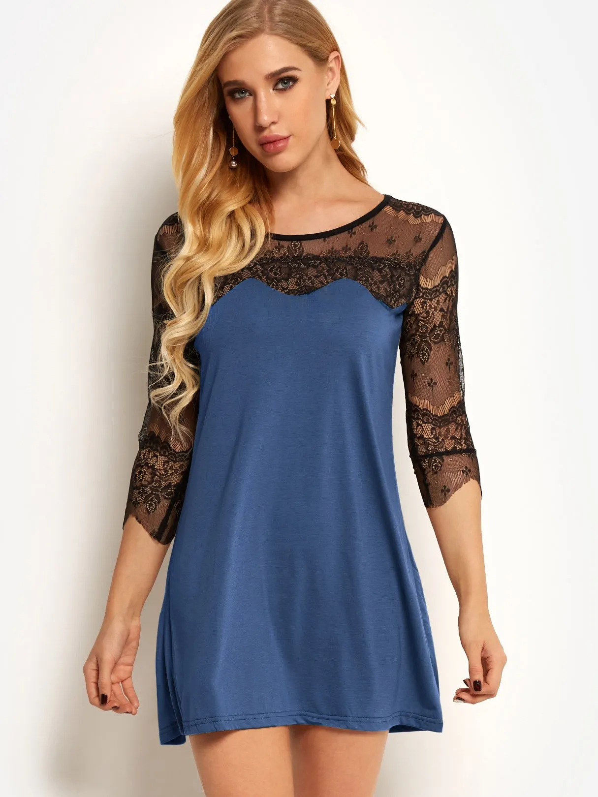 Wholesale Round Neck 3/4 Length Sleeve Plain Lace See Through Casual Dress