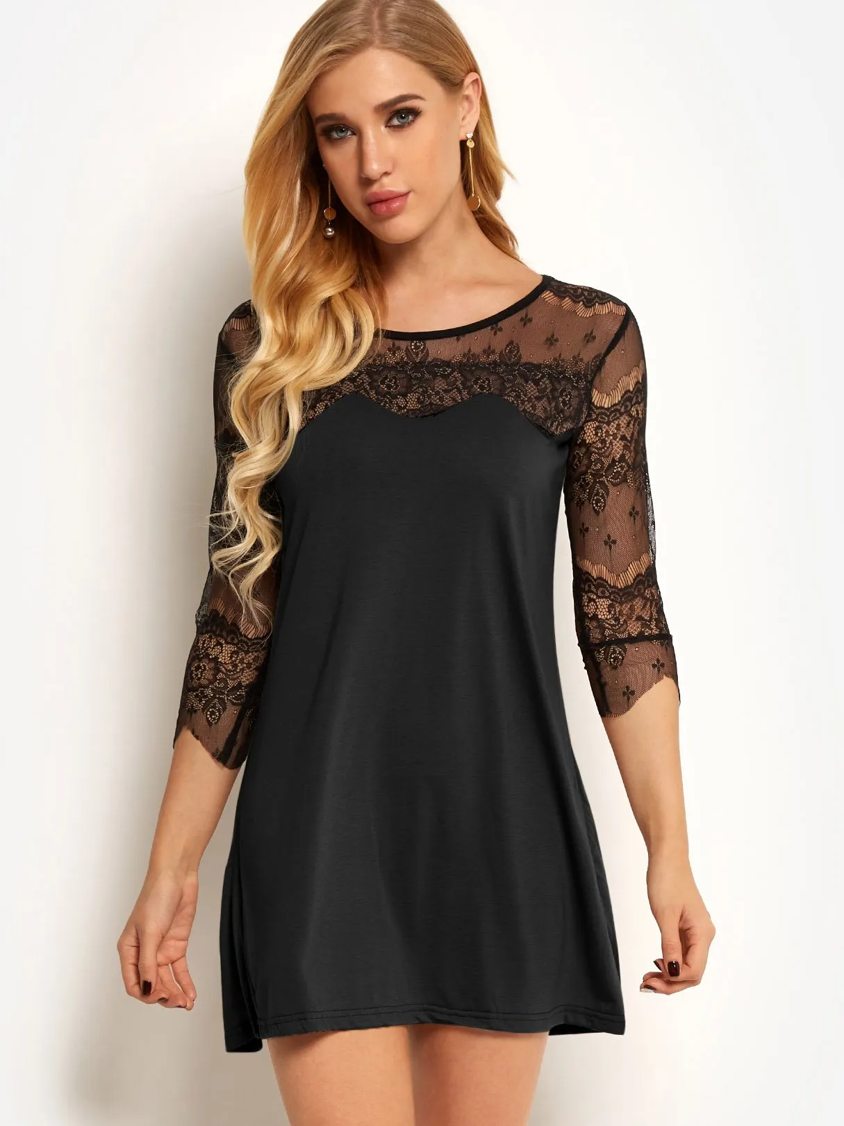 Wholesale Round Neck 3/4 Length Sleeve Plain Lace See Through Casual Dress