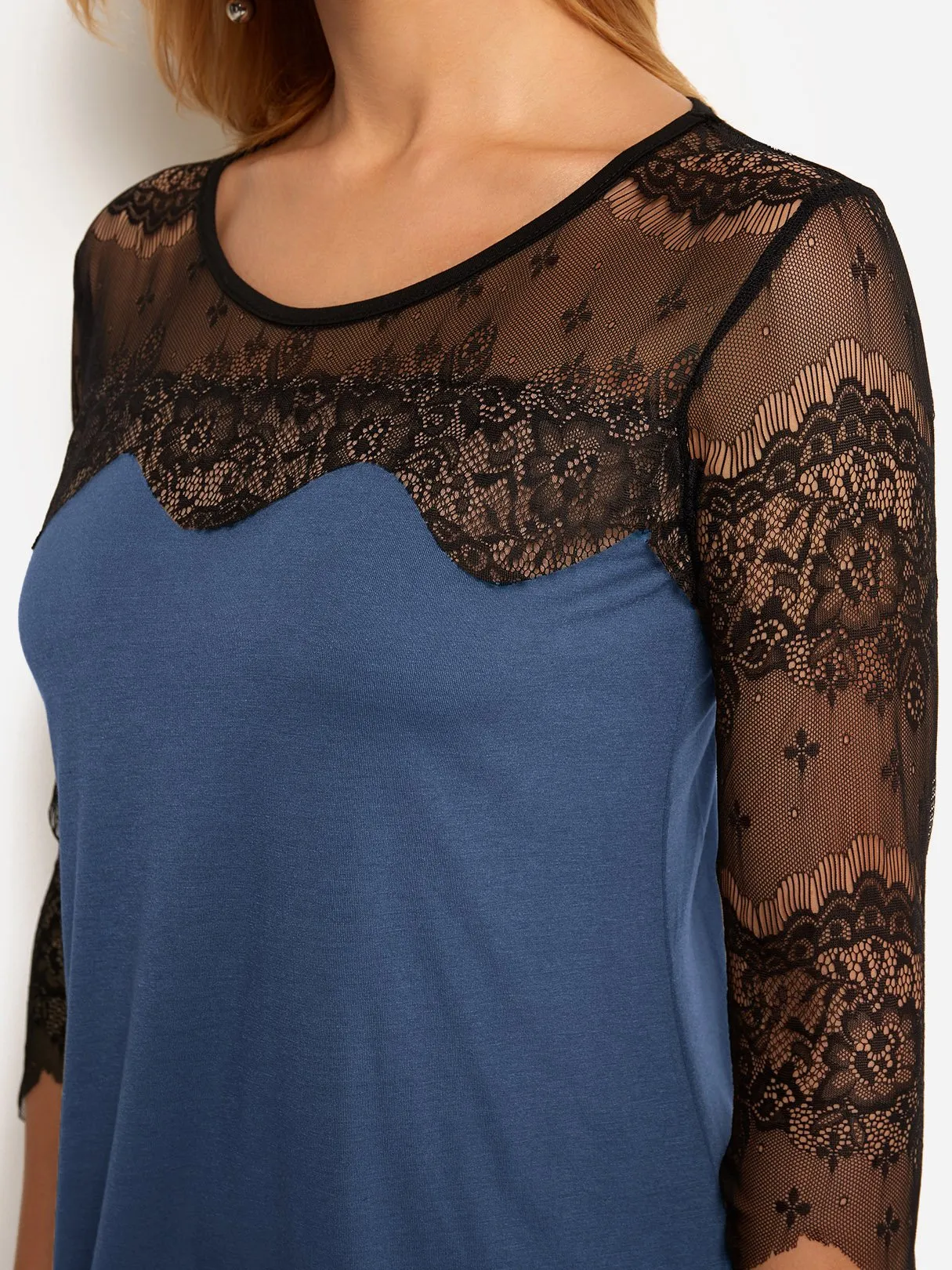 Wholesale Round Neck 3/4 Length Sleeve Plain Lace See Through Casual Dress