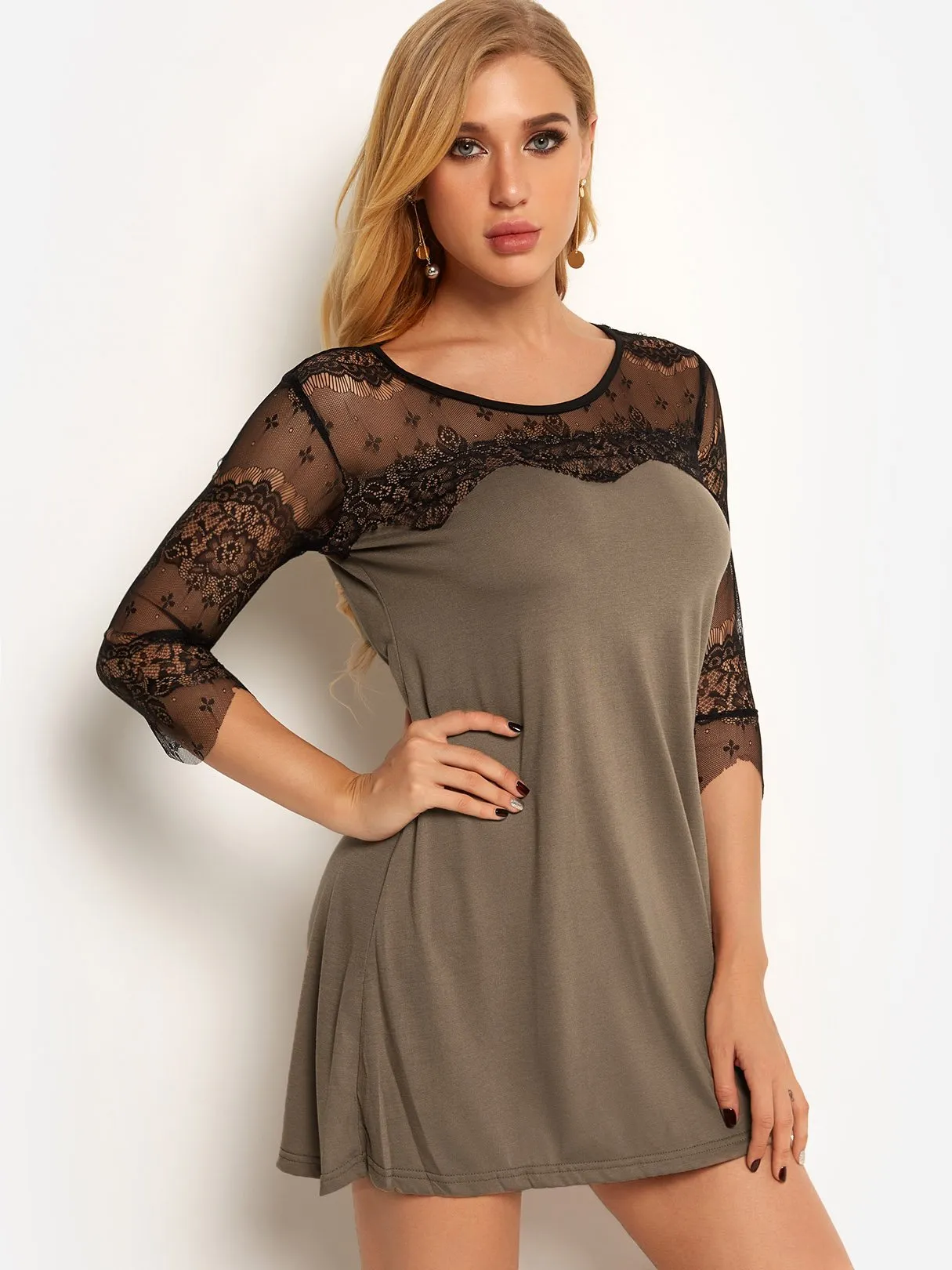 Wholesale Round Neck 3/4 Length Sleeve Plain Lace See Through Casual Dress