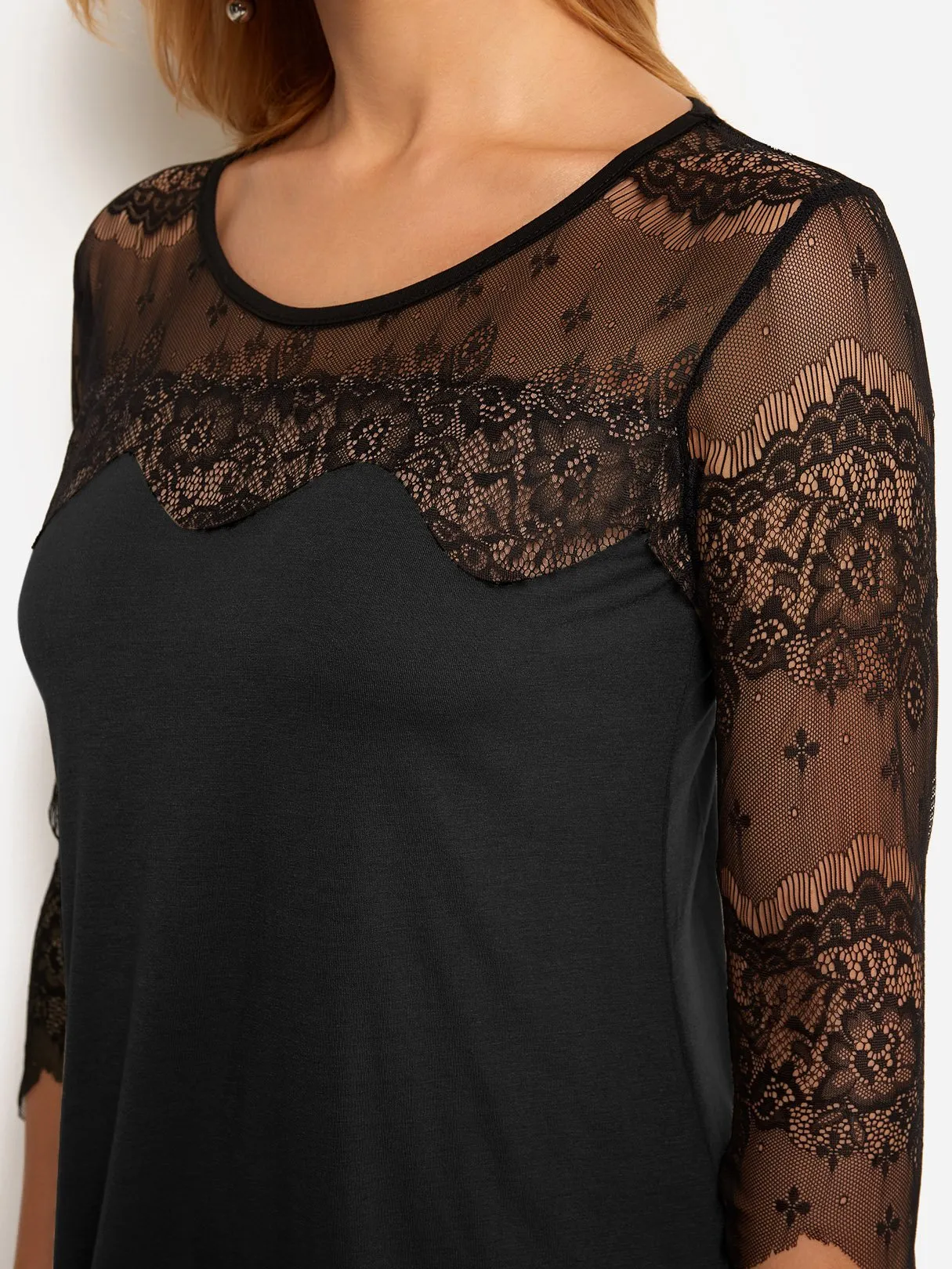 Wholesale Round Neck 3/4 Length Sleeve Plain Lace See Through Casual Dress