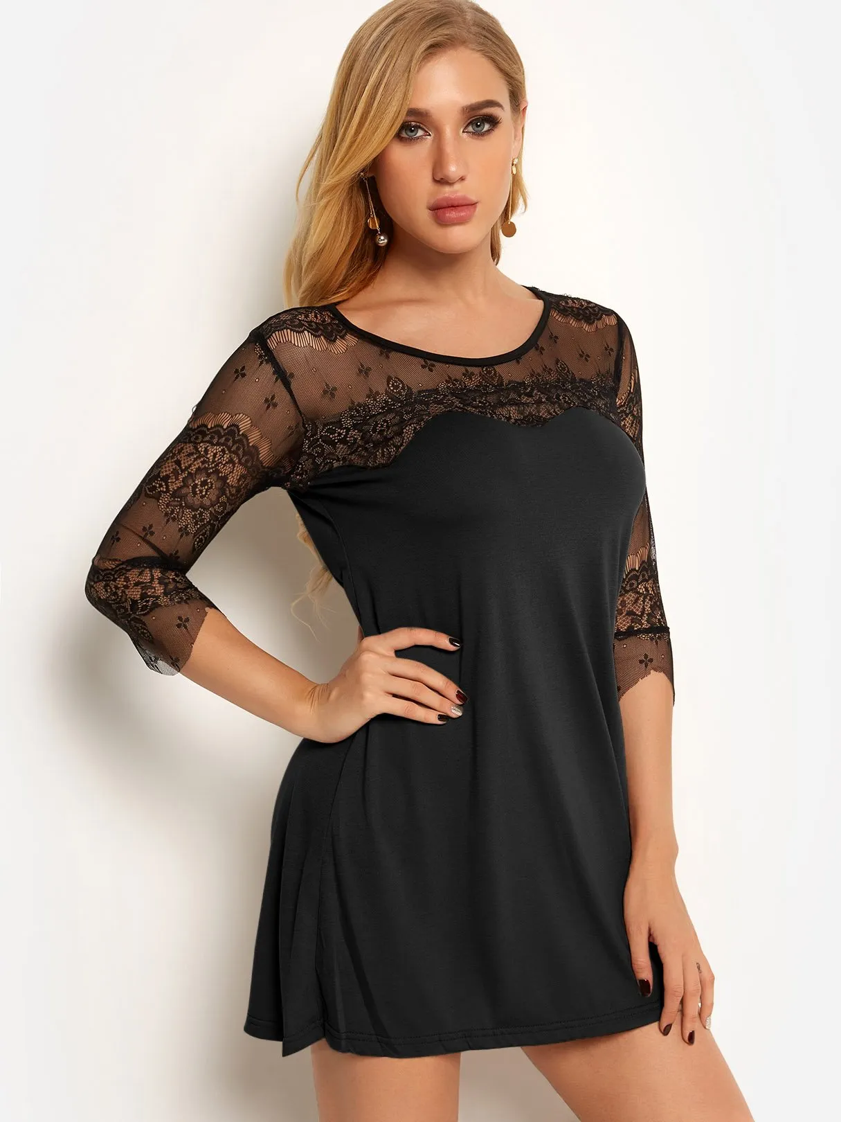Wholesale Round Neck 3/4 Length Sleeve Plain Lace See Through Casual Dress