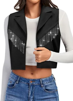WLLW Women Sparkly Fringe Vest Nashville Rhinestone Cropped Jacket Cardigan with Glitter Tassel