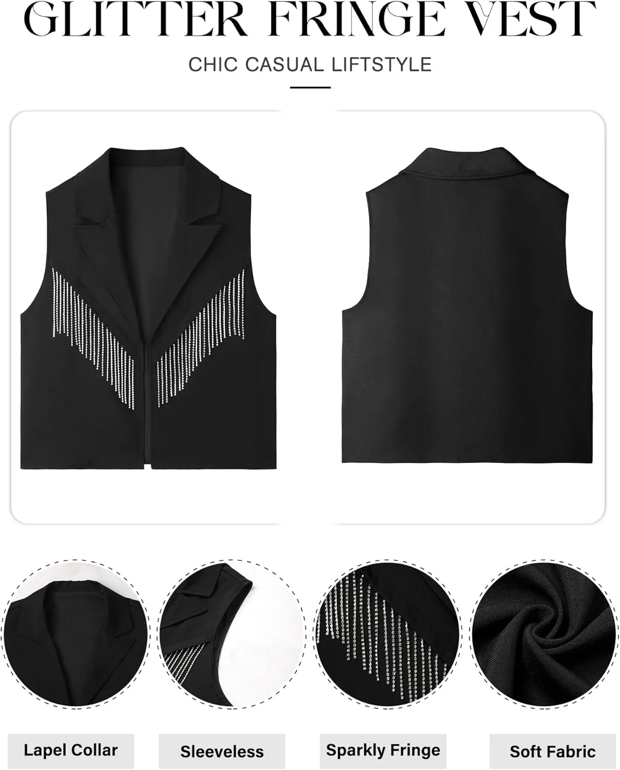 WLLW Women Sparkly Fringe Vest Nashville Rhinestone Cropped Jacket Cardigan with Glitter Tassel
