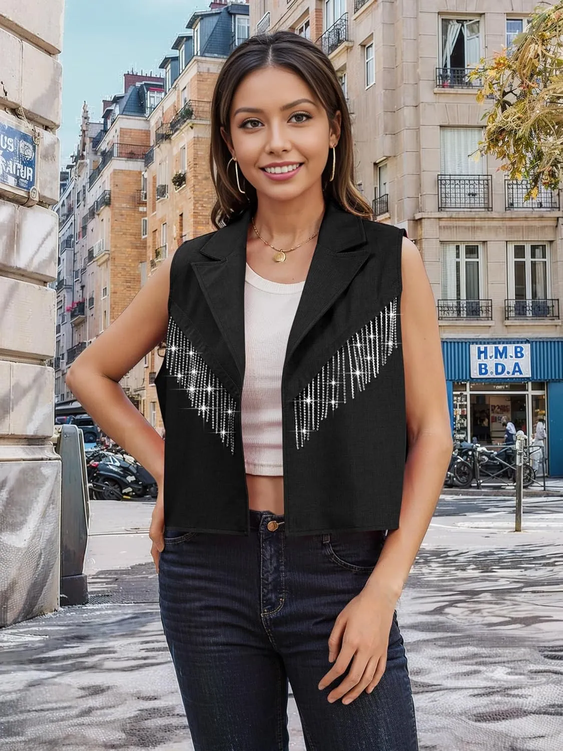 WLLW Women Sparkly Fringe Vest Nashville Rhinestone Cropped Jacket Cardigan with Glitter Tassel