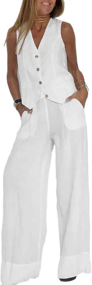 Women Blazer Set Sleeveless V Neck Vest Top Waistcoat Linen Pants 2 Piece Vest Suit Dressy Y2k Matching Sets