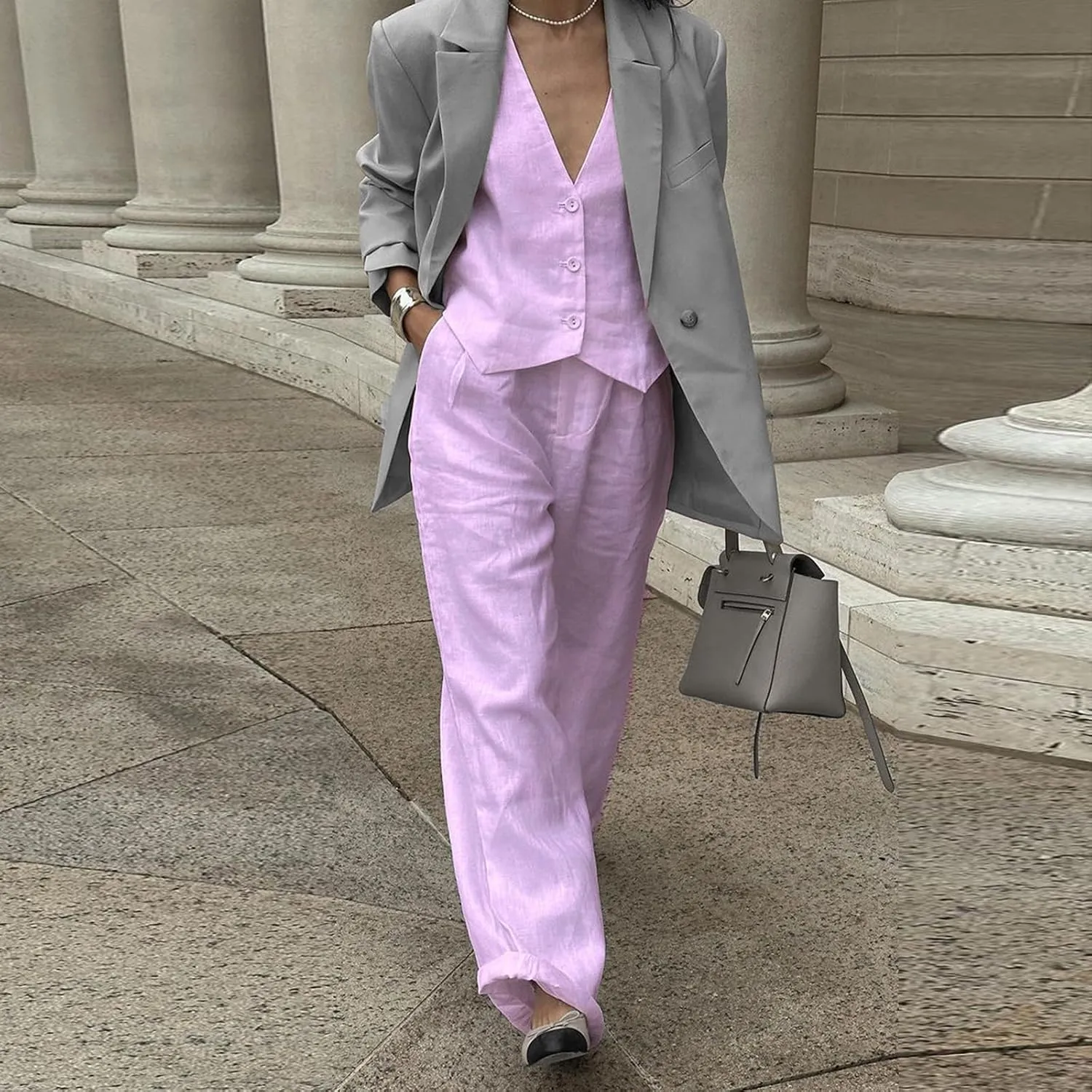 Women Blazer Set Sleeveless V Neck Vest Top Waistcoat Linen Pants 2 Piece Vest Suit Dressy Y2k Matching Sets