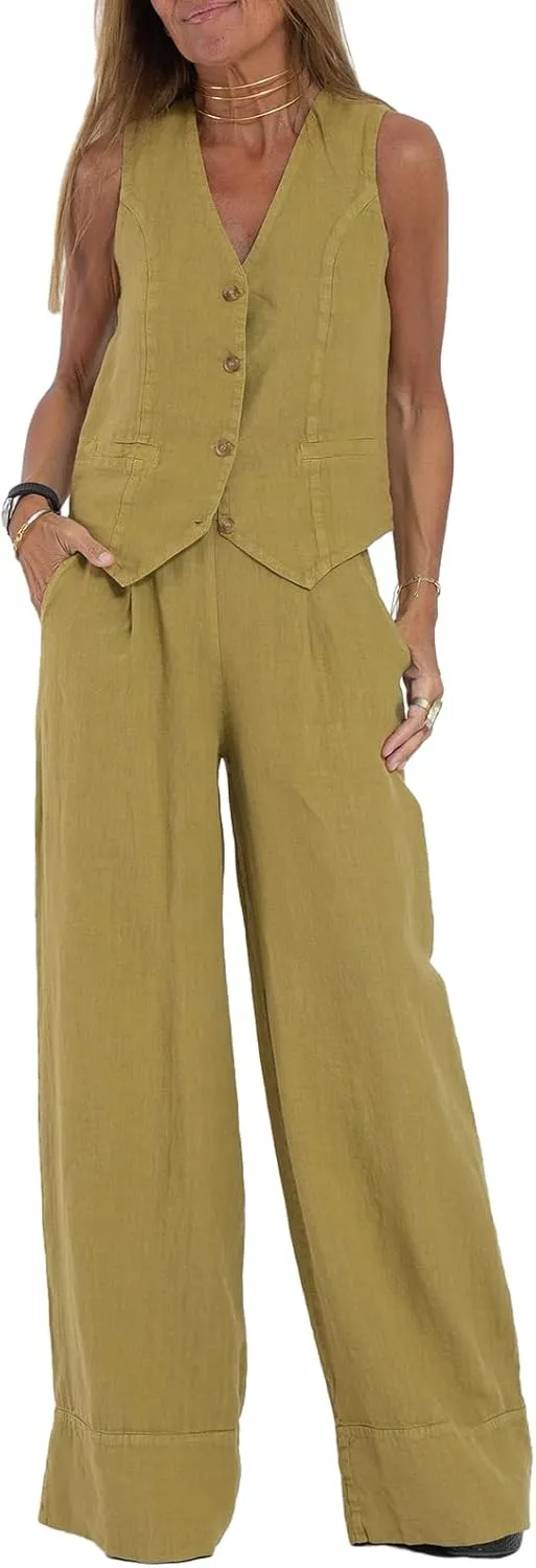 Women Blazer Set Sleeveless V Neck Vest Top Waistcoat Linen Pants 2 Piece Vest Suit Dressy Y2k Matching Sets