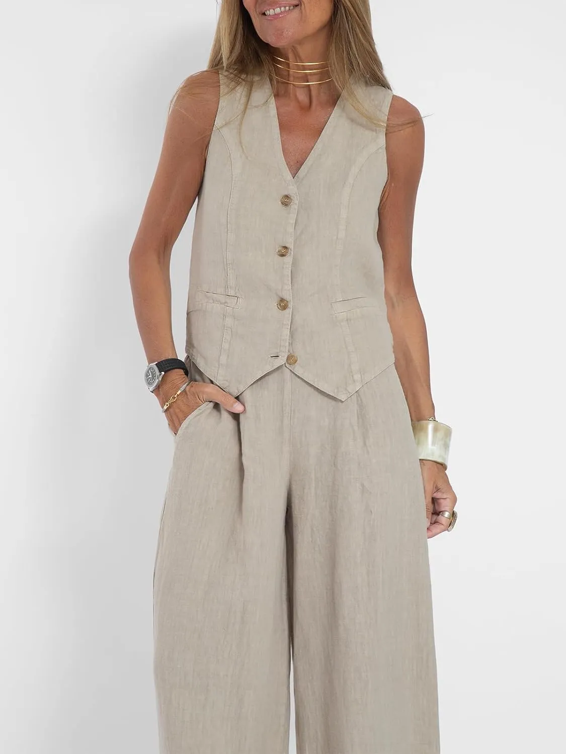 Women Blazer Set Sleeveless V Neck Vest Top Waistcoat Linen Pants 2 Piece Vest Suit Dressy Y2k Matching Sets