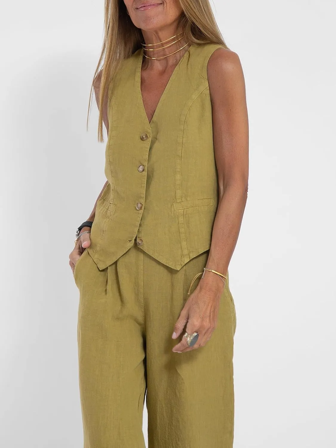 Women Blazer Set Sleeveless V Neck Vest Top Waistcoat Linen Pants 2 Piece Vest Suit Dressy Y2k Matching Sets