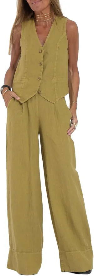 Women Blazer Set Sleeveless V Neck Vest Top Waistcoat Linen Pants 2 Piece Vest Suit Dressy Y2k Matching Sets