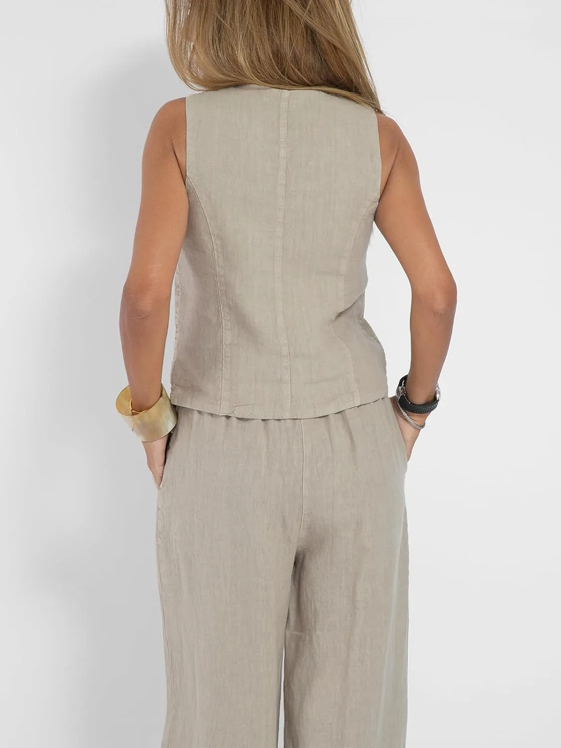 Women Blazer Set Sleeveless V Neck Vest Top Waistcoat Linen Pants 2 Piece Vest Suit Dressy Y2k Matching Sets