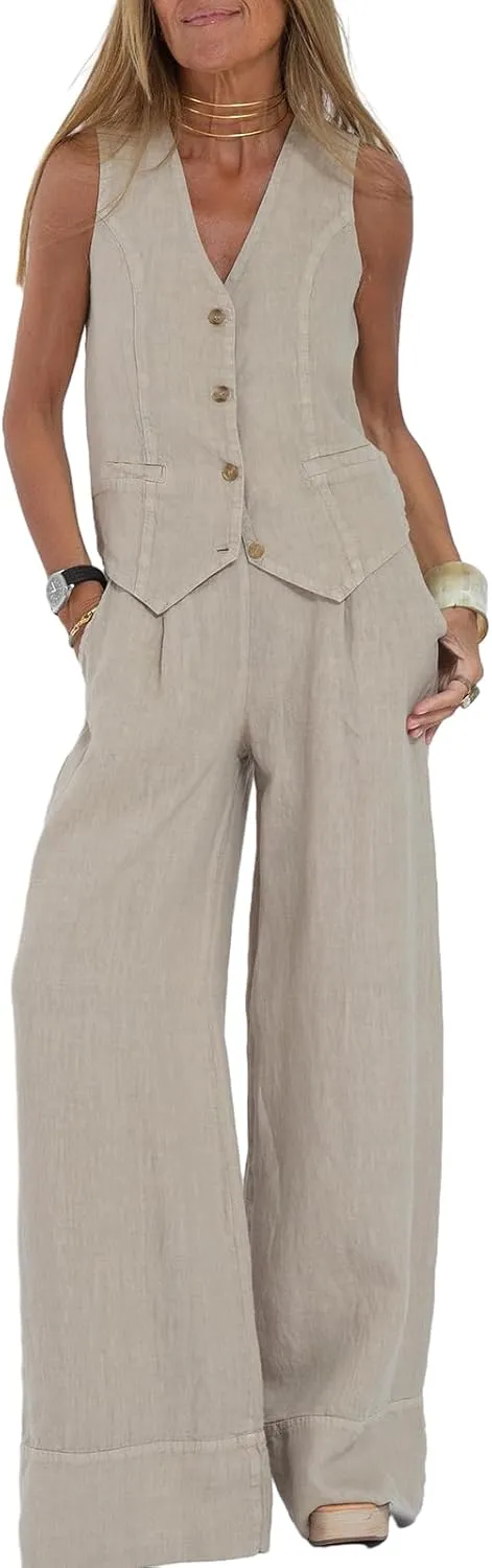 Women Blazer Set Sleeveless V Neck Vest Top Waistcoat Linen Pants 2 Piece Vest Suit Dressy Y2k Matching Sets