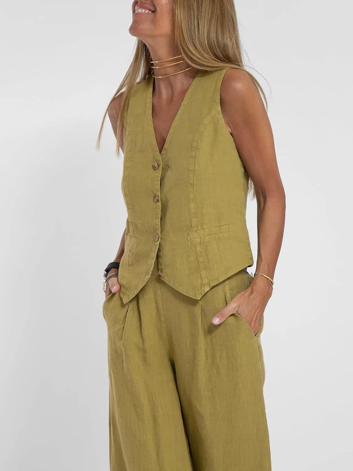 Women Blazer Set Sleeveless V Neck Vest Top Waistcoat Linen Pants 2 Piece Vest Suit Dressy Y2k Matching Sets