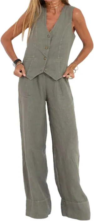 Women Blazer Set Sleeveless V Neck Vest Top Waistcoat Linen Pants 2 Piece Vest Suit Dressy Y2k Matching Sets