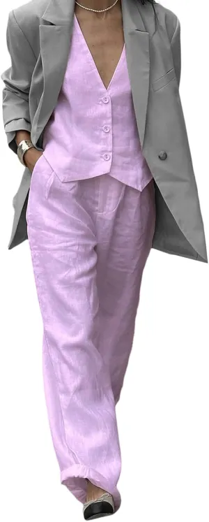 Women Blazer Set Sleeveless V Neck Vest Top Waistcoat Linen Pants 2 Piece Vest Suit Dressy Y2k Matching Sets