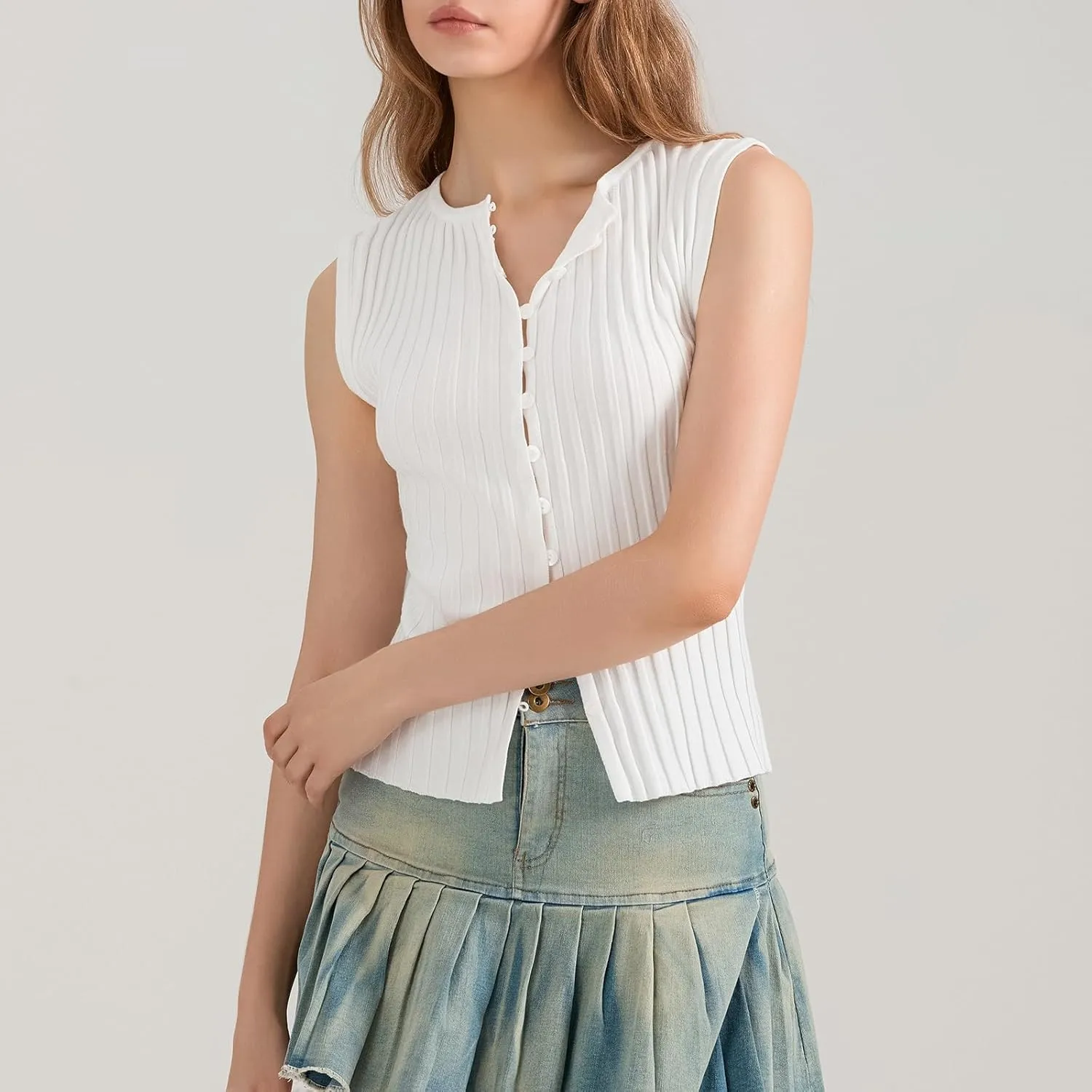 Women Button Up Tank Tops Trendy Sleeveless Ribbed Vest Top