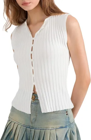 Women Button Up Tank Tops Trendy Sleeveless Ribbed Vest Top