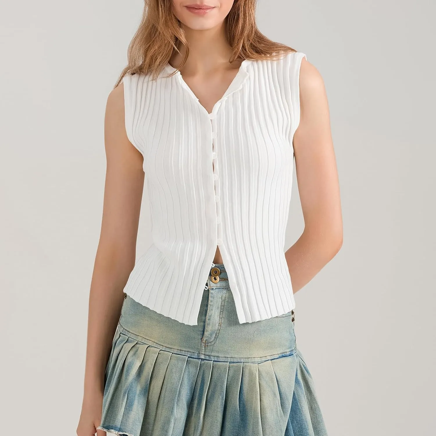 Women Button Up Tank Tops Trendy Sleeveless Ribbed Vest Top