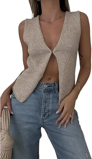 Women Crochet Knit Vest Top Sleeveless V Neck Solid Hollow Out Front Tie Up Crop Top Summer Tank