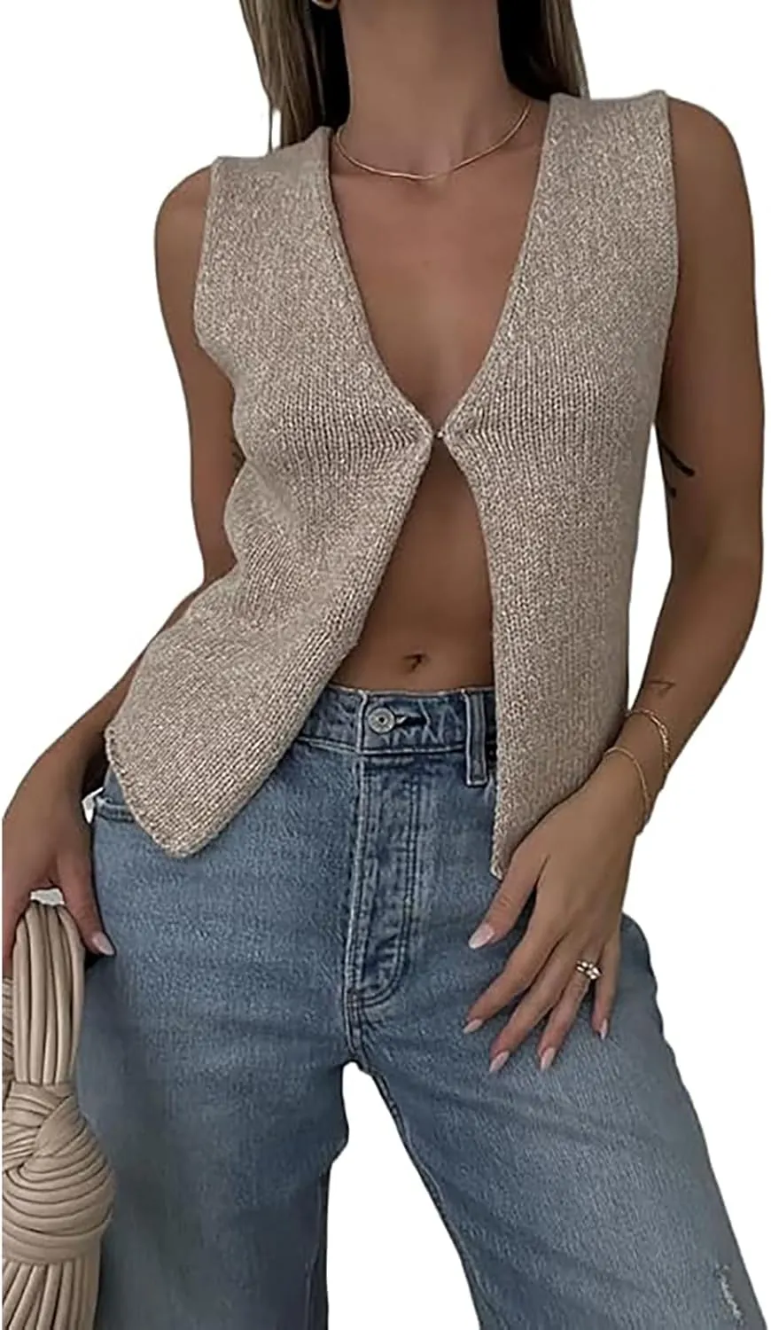 Women Crochet Knit Vest Top Sleeveless V Neck Solid Hollow Out Front Tie Up Crop Top Summer Tank