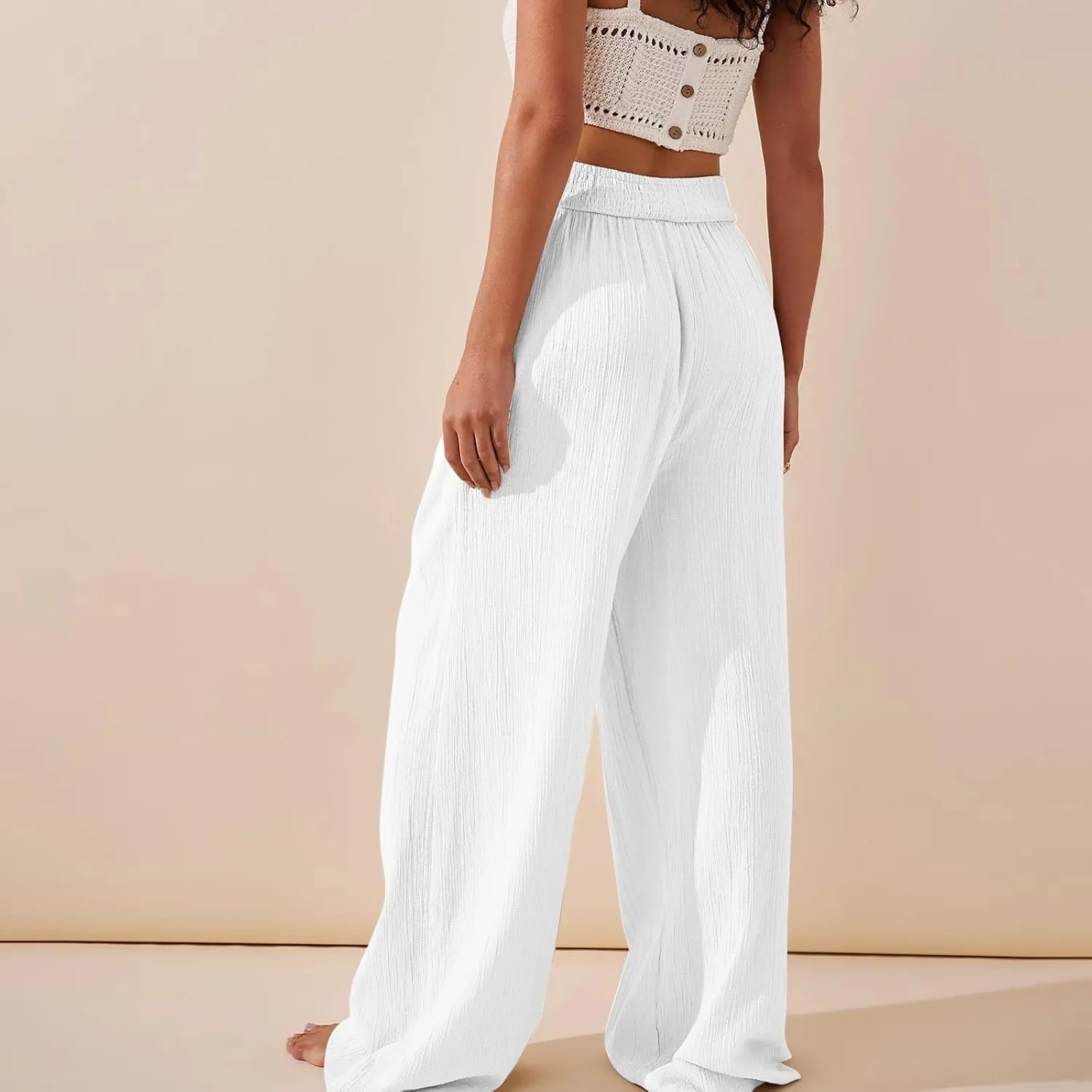 Women Culottes Wide Leg Pants Wide Leg Palazzo Linen Drawstring Cropped Trousers Elastic Waist Casual Pants Pockets