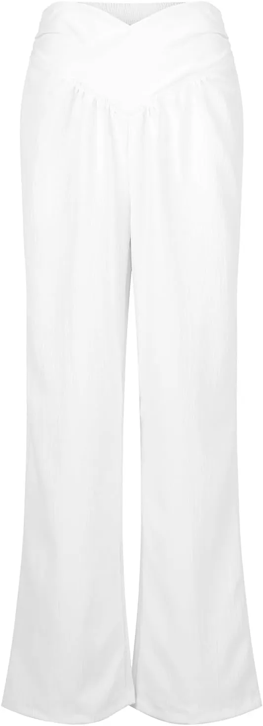 Women Culottes Wide Leg Pants Wide Leg Palazzo Linen Drawstring Cropped Trousers Elastic Waist Casual Pants Pockets