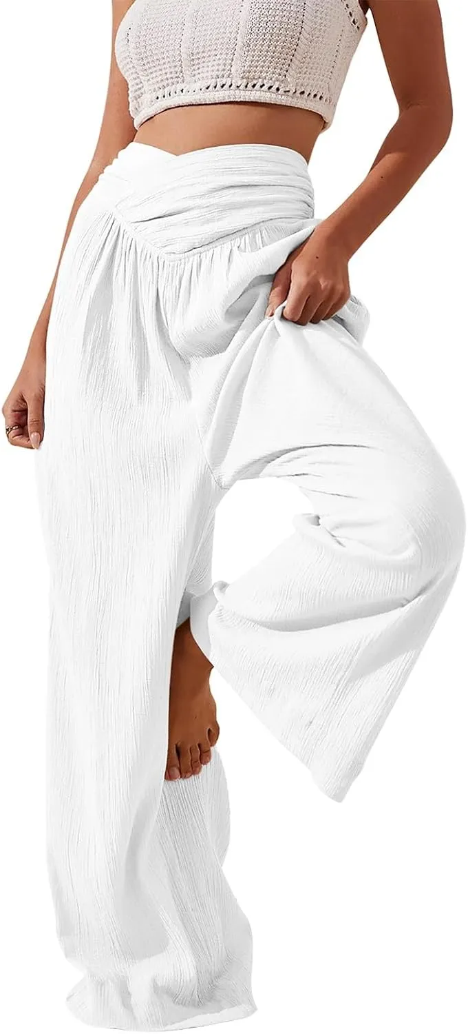 Women Culottes Wide Leg Pants Wide Leg Palazzo Linen Drawstring Cropped Trousers Elastic Waist Casual Pants Pockets