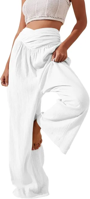 Women Culottes Wide Leg Pants Wide Leg Palazzo Linen Drawstring Cropped Trousers Elastic Waist Casual Pants Pockets