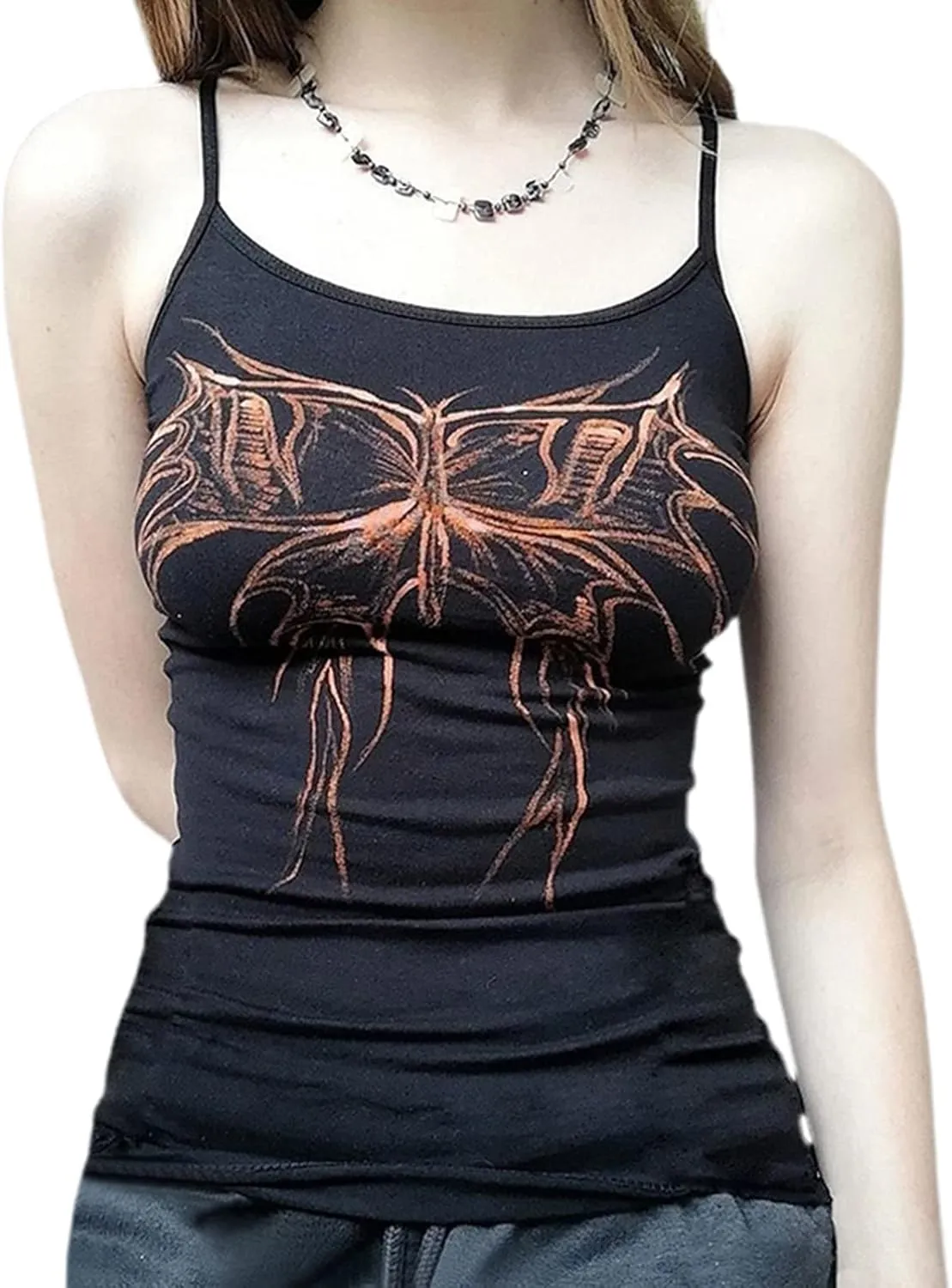Women E Girl Gothic Camisole Y2k Grunge Crop Top Retro Halloween Skull Print Spaghetti Strap Sleeveless Vest Tank Top