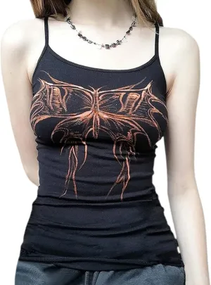 Women E Girl Gothic Camisole Y2k Grunge Crop Top Retro Halloween Skull Print Spaghetti Strap Sleeveless Vest Tank Top