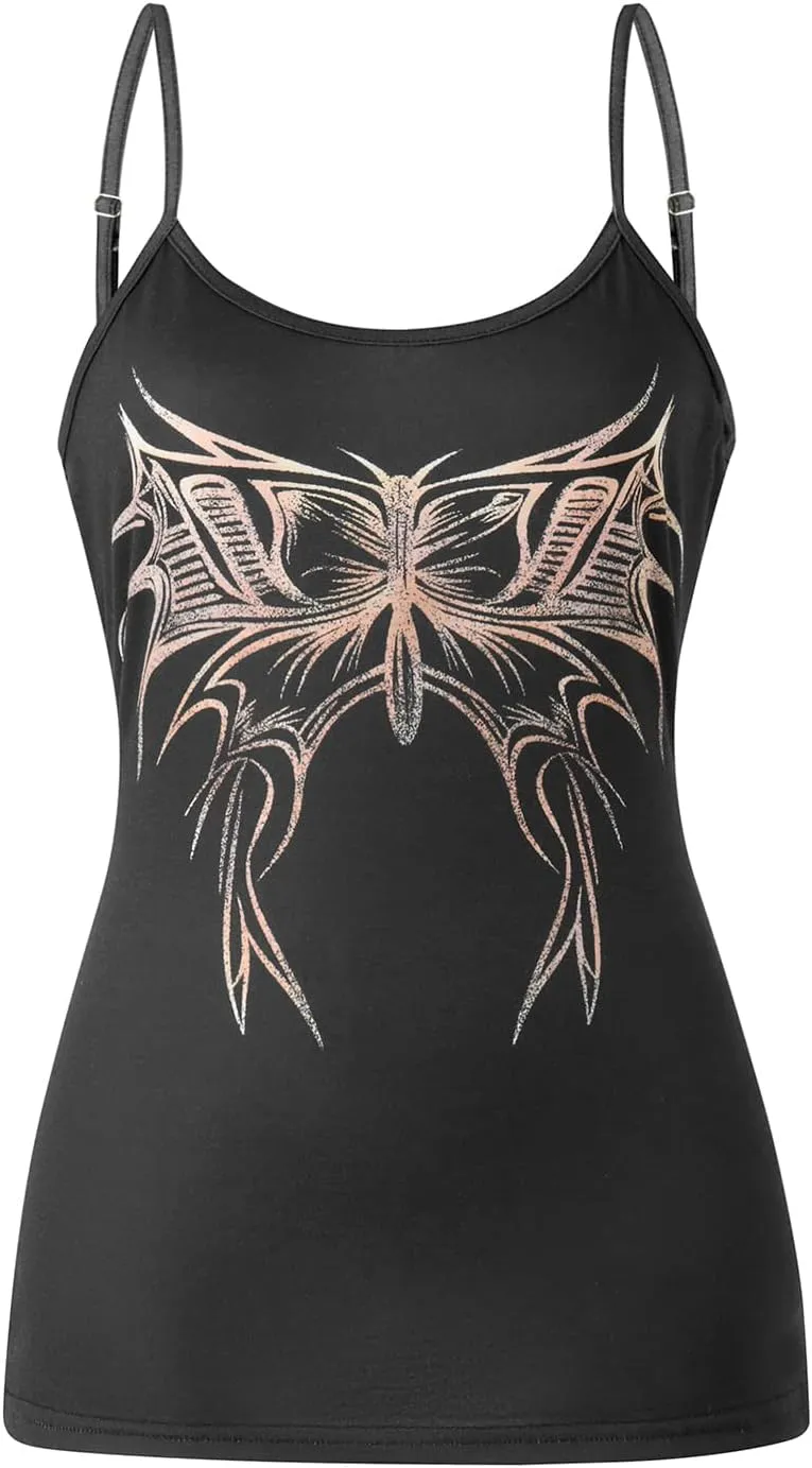 Women E Girl Gothic Camisole Y2k Grunge Crop Top Retro Halloween Skull Print Spaghetti Strap Sleeveless Vest Tank Top