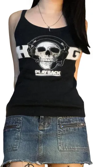 Women E Girl Gothic Camisole Y2k Grunge Crop Top Retro Halloween Skull Print Spaghetti Strap Sleeveless Vest Tank Top