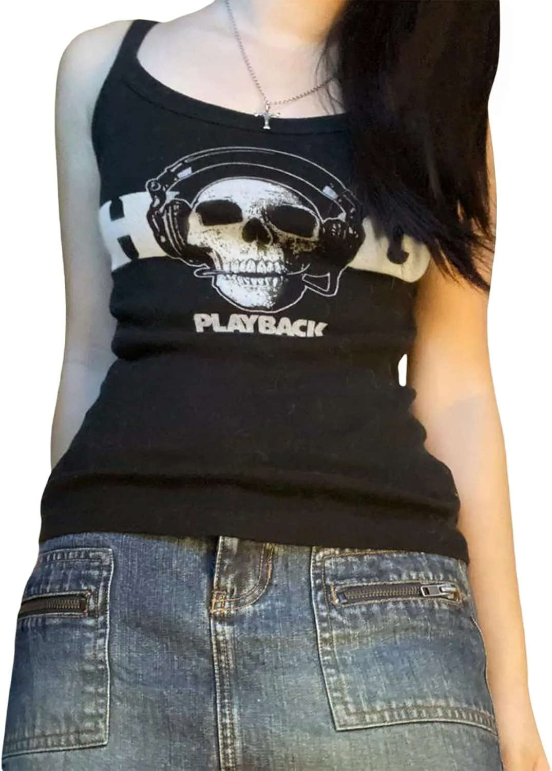 Women E Girl Gothic Camisole Y2k Grunge Crop Top Retro Halloween Skull Print Spaghetti Strap Sleeveless Vest Tank Top