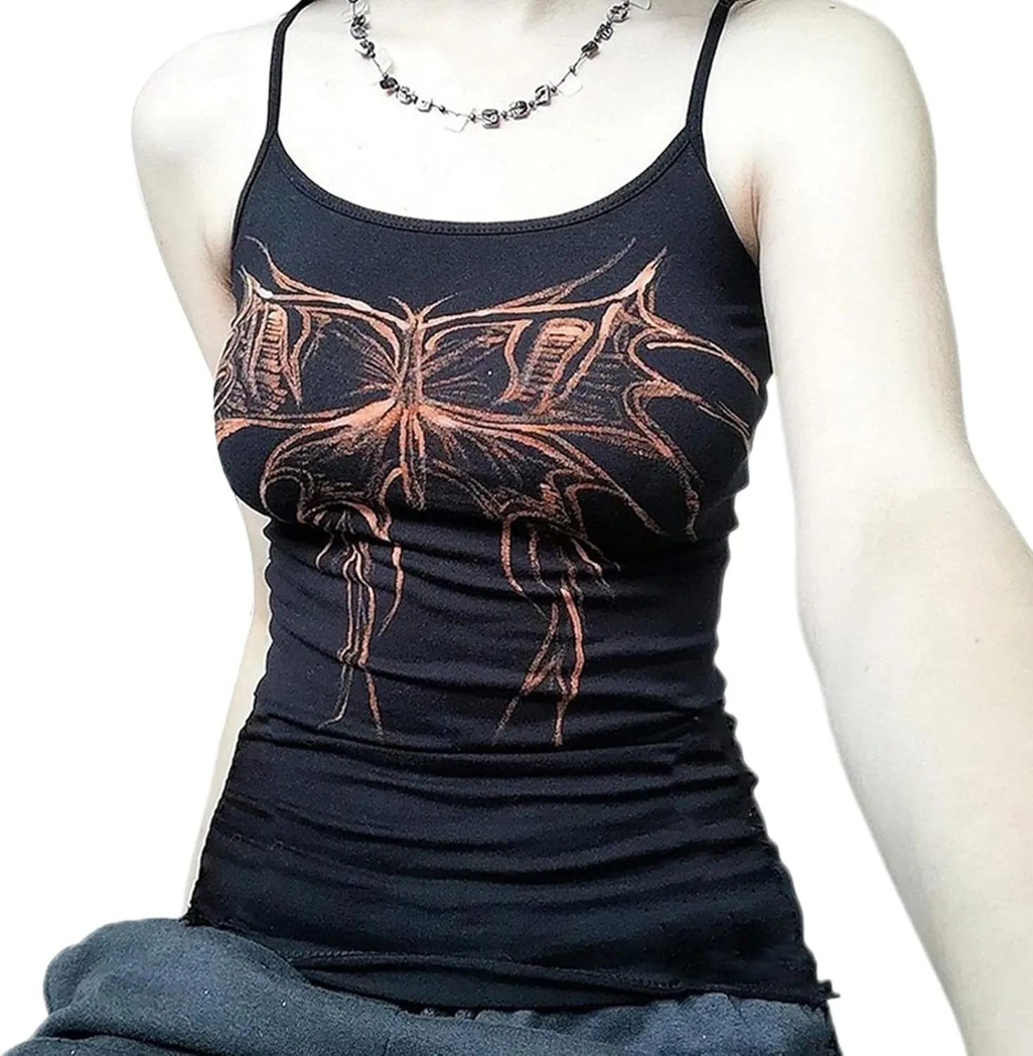 Women E Girl Gothic Camisole Y2k Grunge Crop Top Retro Halloween Skull Print Spaghetti Strap Sleeveless Vest Tank Top