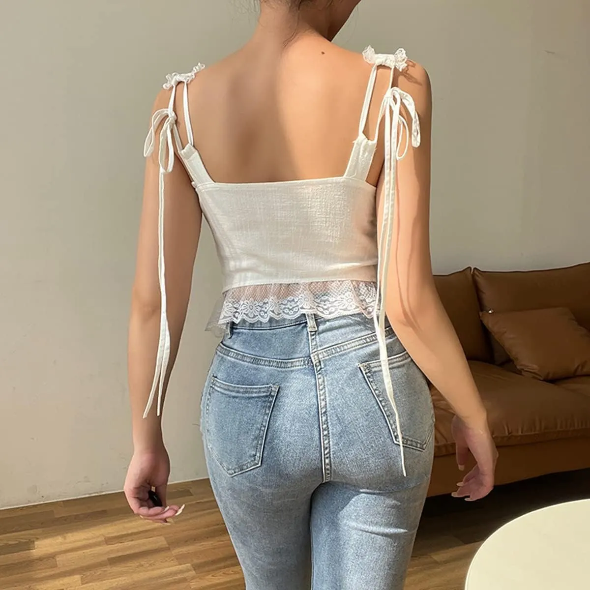 Women Elegant Lace V Neck Cami Top Summer Sleeveless Spaghetti Strap Camisoles Vintage Backless Tank Top